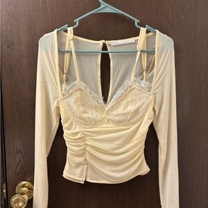 Cream Ruched Long Sleeve Lace Blouse with Cut Out Details